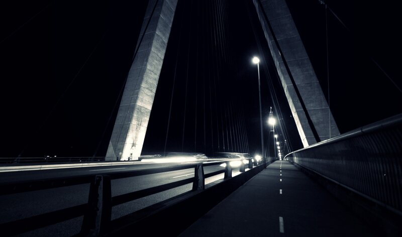 Suspension Bridge at Night — Black, Dark, Photograph