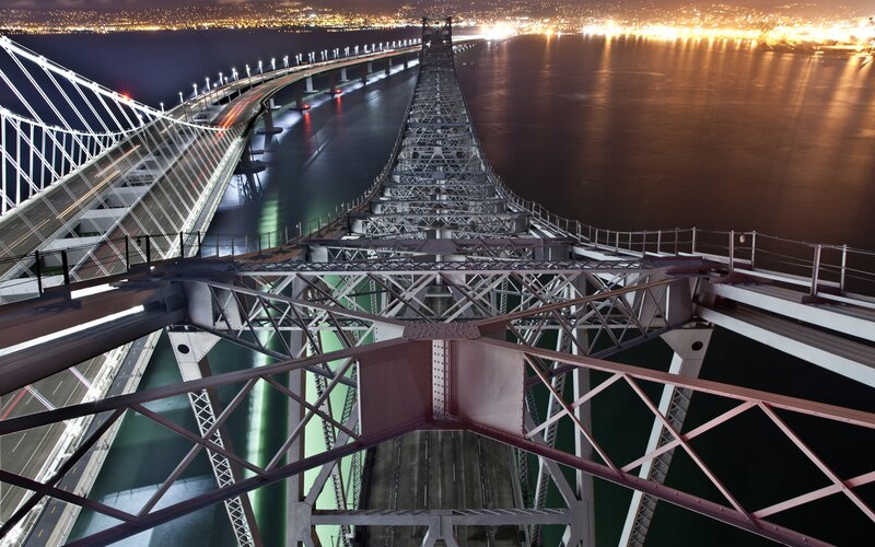 Suspension Bridge at Night — Black, Dramatic, Photograph, City Lights