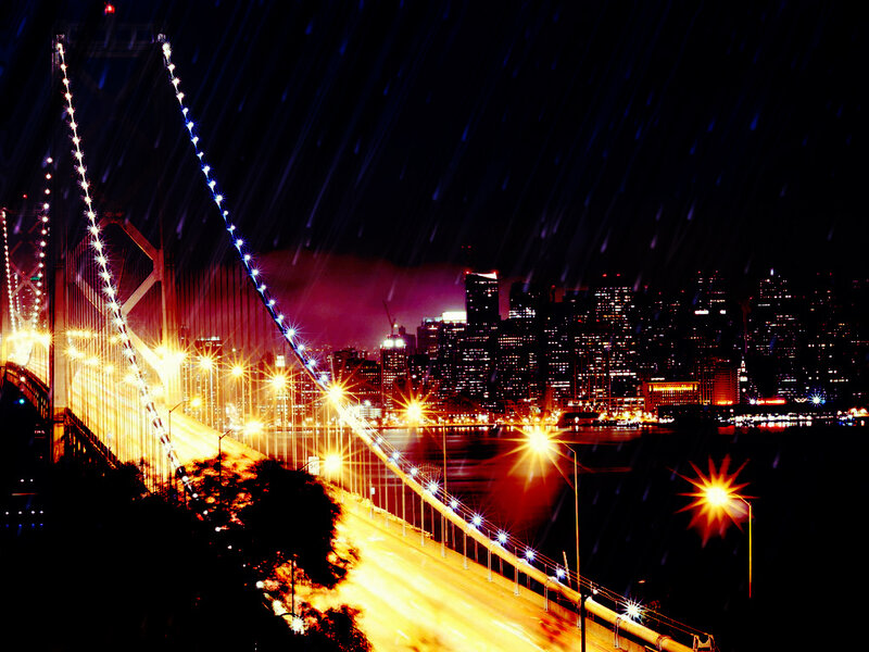 Suspension Bridge at Night — Black, Dramatic, Photograph, City Skyline