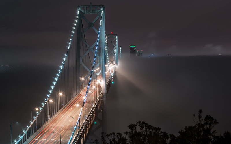 Suspension Bridge at Night — Black, Dramatic, Photograph, Fog, City Skyline