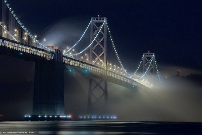 Suspension Bridge at Night — Black, Dramatic, Photograph, Fog