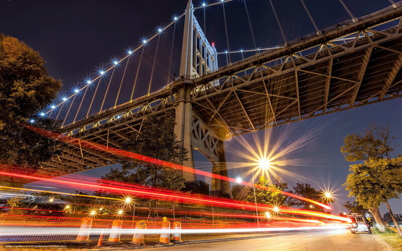 Suspension Bridge at Night — Black, Dramatic, Photograph, Light Trails
