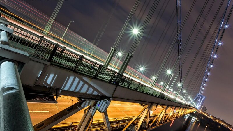 Suspension Bridge at Night — Black, Dramatic, Photograph, Lights, Cables