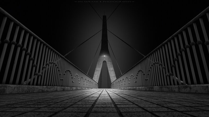 Suspension Bridge at Night — Black, Dramatic, Photograph, Railing