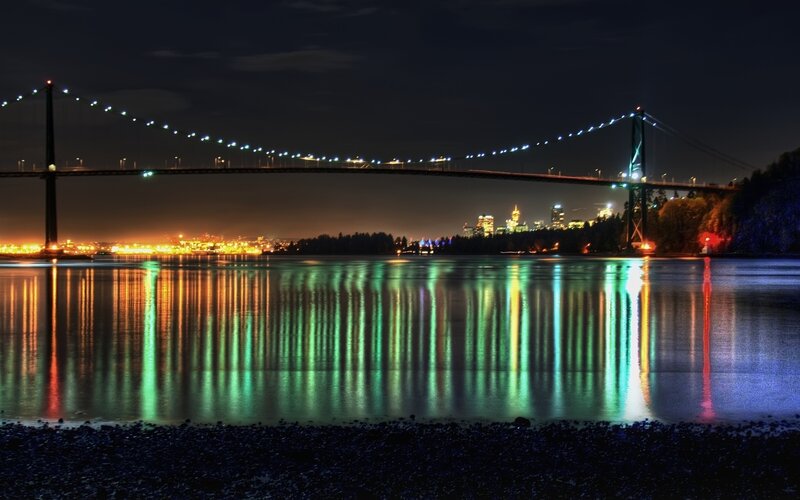 Suspension Bridge at Night — Black, Serene, Photograph, City Skyline