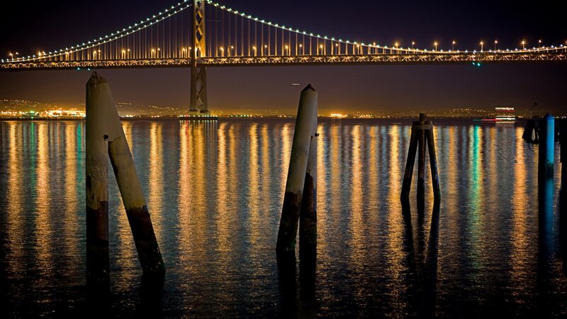 Suspension Bridge at Night — Black, Serene, Photograph
