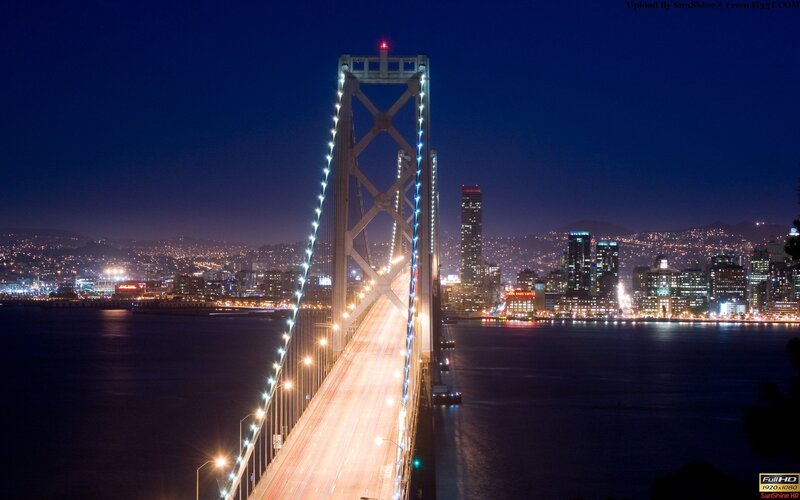 Suspension Bridge at Night — Blue, Dramatic, Photograph, City Skyline