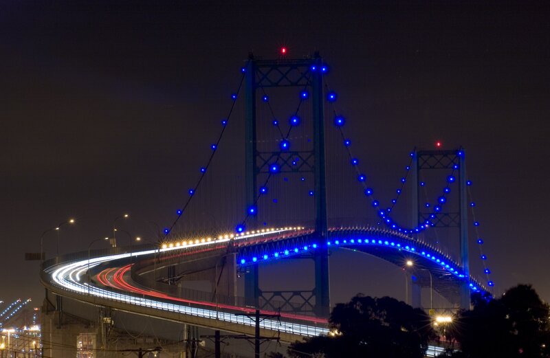 Suspension Bridge at Night — Blue, Dramatic, Photograph, Lights
