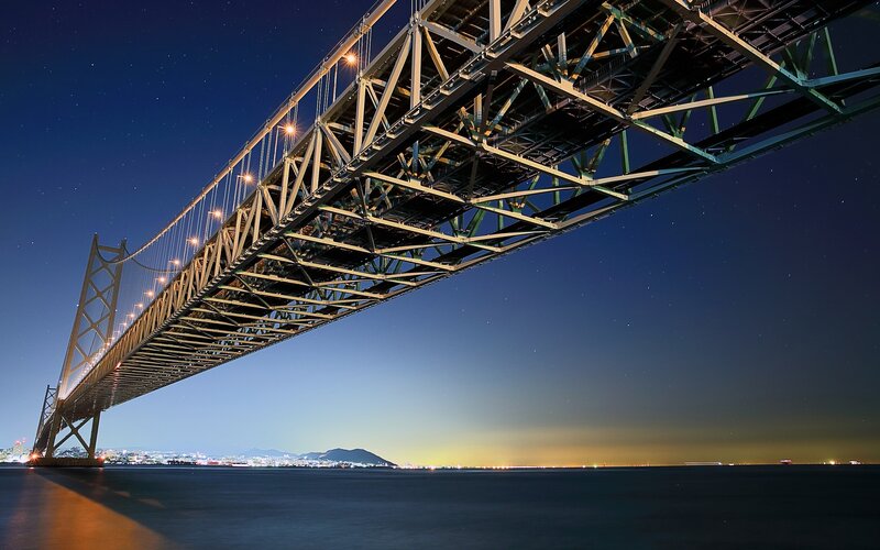 Suspension Bridge at Night — Blue, Dramatic, Photograph, Sky