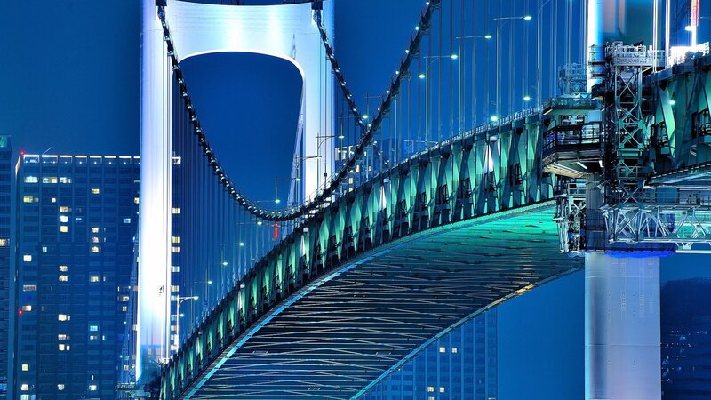 Suspension Bridge at Night — Blue, Dramatic, Photograph, Skyscraper
