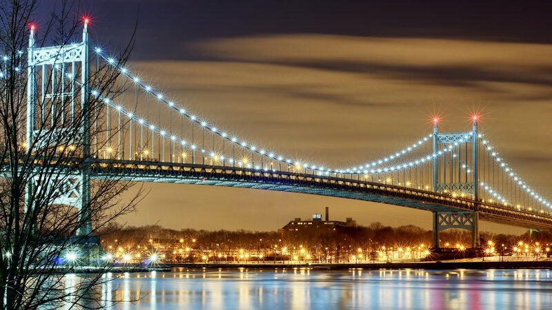 Suspension Bridge at Night — Blue, Dramatic, Photograph