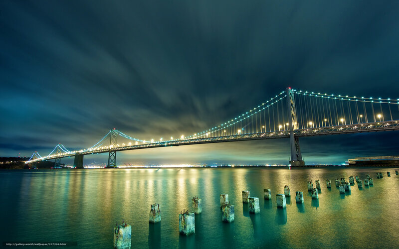Suspension Bridge at Night — Blue, Dramatic, Photograph, Water, Clouds
