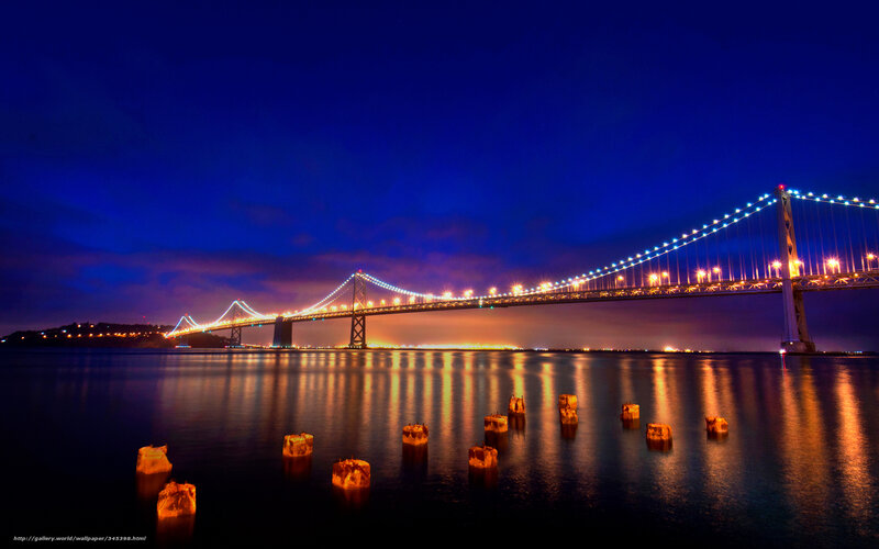 Suspension Bridge at Night — Blue, Dramatic, Photograph, Water, Lights