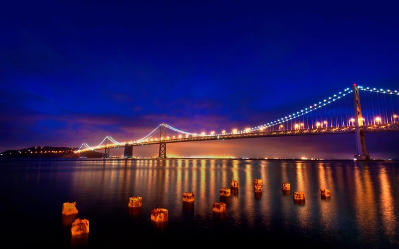 Suspension Bridge at Night — Blue, Dramatic, Photograph, Water