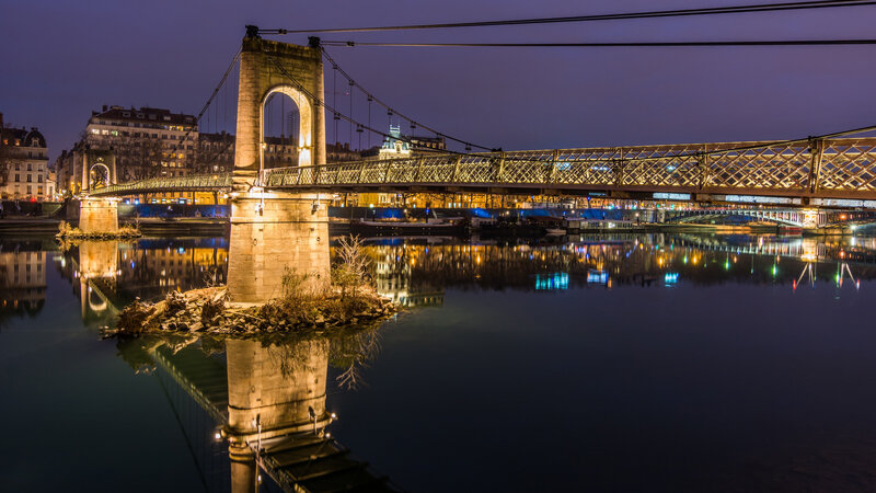 Suspension Bridge at Night — Blue, Serene, Photograph, River