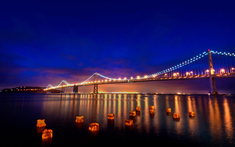 Suspension Bridge at Night — Blue, Serene, Photograph