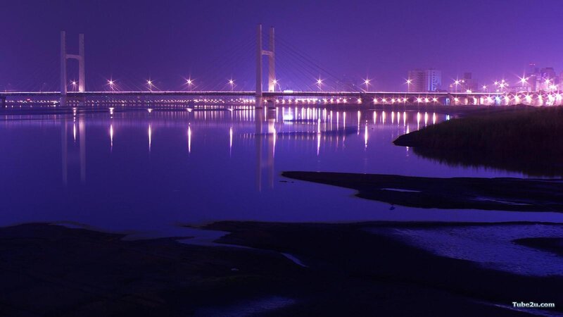 Suspension Bridge at Night — Purple, City Skyline