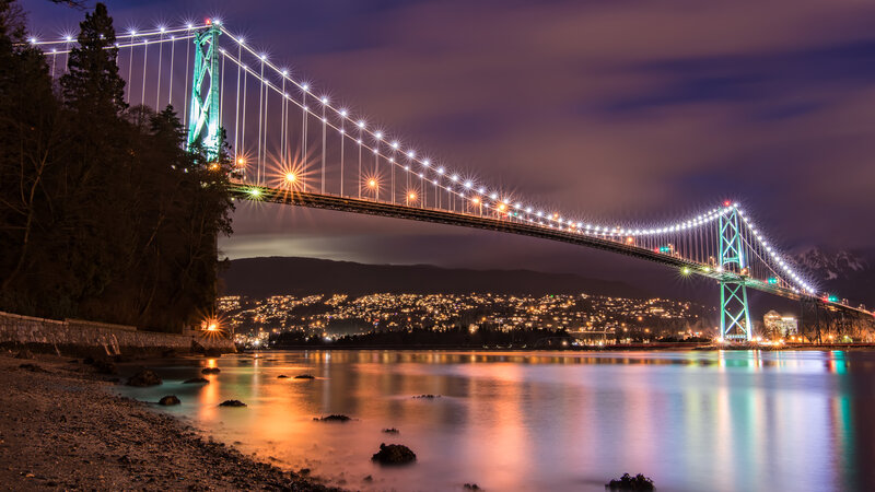 Suspension Bridge at Night — Purple, Dramatic, Photograph