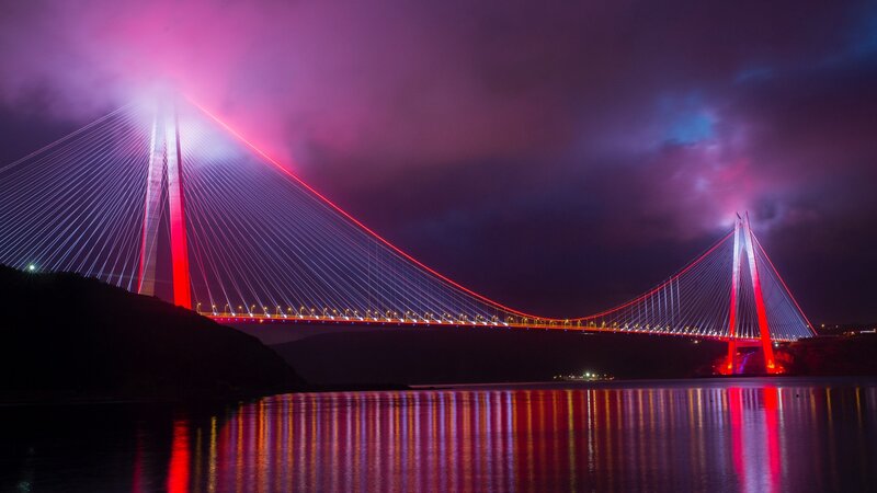 Suspension Bridge at Night — Red, Dramatic