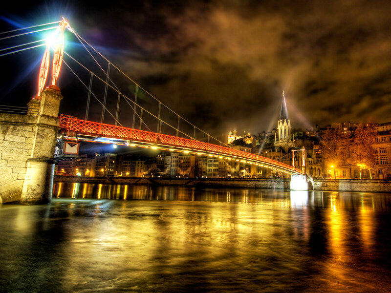 Suspension Bridge at Night — Red