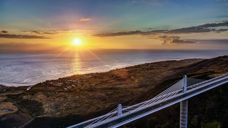 Suspension Bridge at Sunset — Blue, Serene