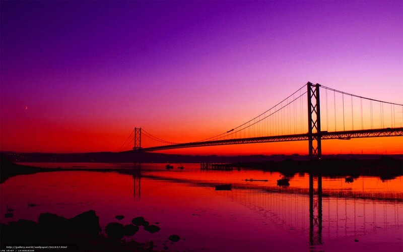 Suspension Bridge at Sunset — Purple, Dramatic, Photograph, River