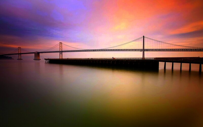 Suspension Bridge at Sunset — Purple, Dramatic, Photograph