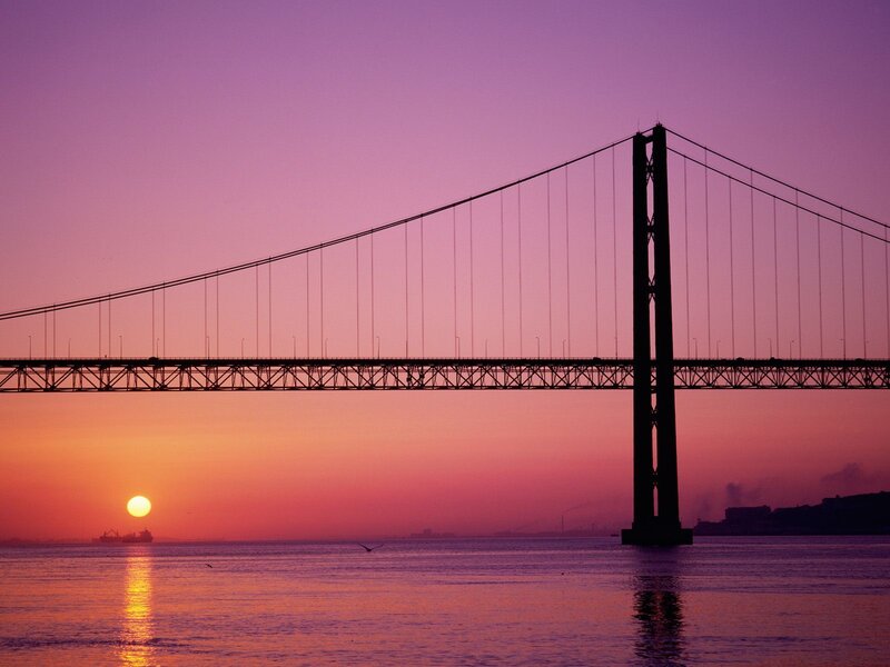 Suspension Bridge at Sunset — Purple, Serene, Photograph, Sun