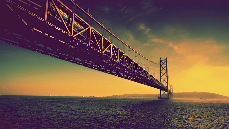 Suspension Bridge at Sunset — Yellow, Dramatic, Photograph