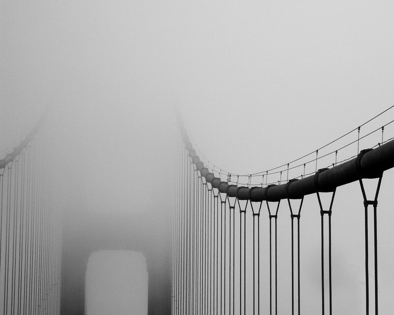 Suspension Bridge in Fog — Black, Misty, Photograph, Cables, Rail