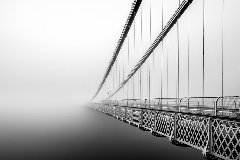 Suspension Bridge in Fog — Black, Misty, Photograph, Cables