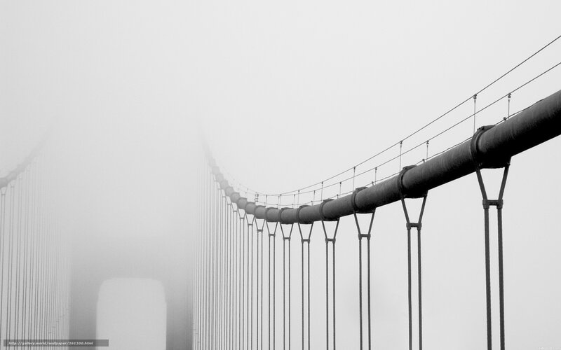 Suspension Bridge in Fog — Black, Misty, Photograph