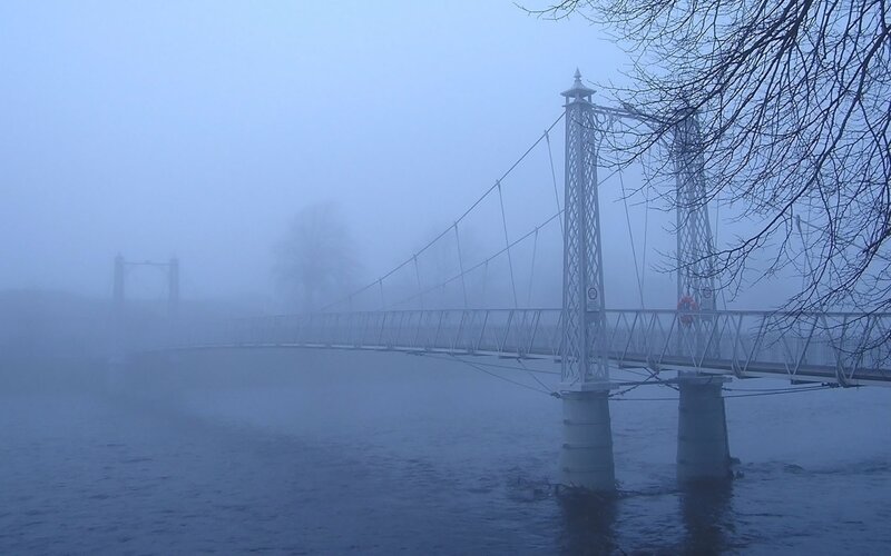 Suspension Bridge in Fog — Blue, Misty