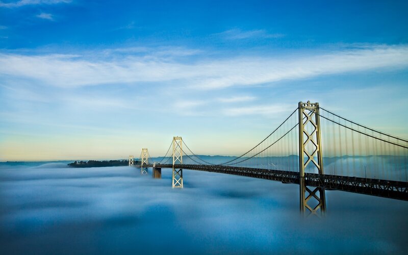Suspension Bridge in Fog — Blue, Serene