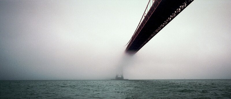 Suspension Bridge in Fog — Gray, Misty, Photograph