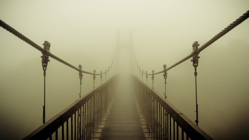 Suspension Bridge in Fog — Gray, Mysterious