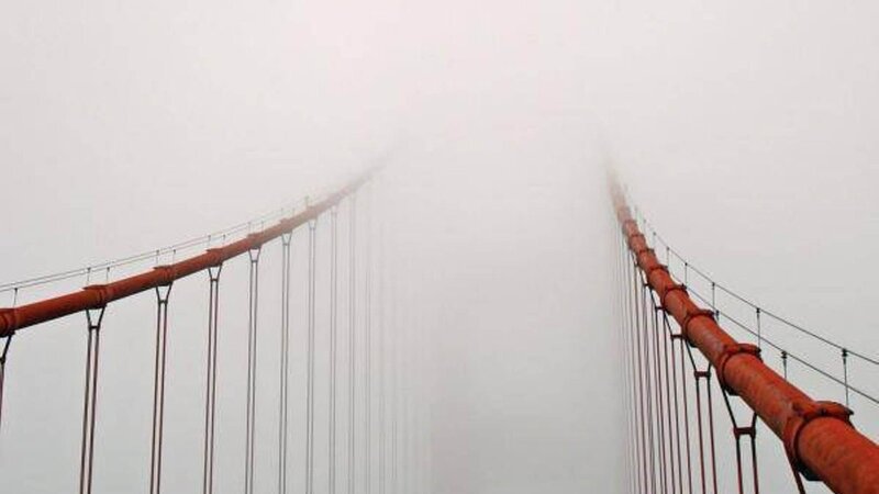 Suspension Bridge in Fog — Red