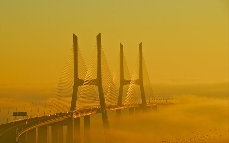 Suspension Bridge in Fog — Yellow