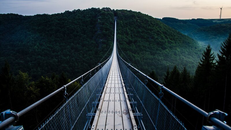Suspension Bridge in Forest — Green, Serene, Sunset