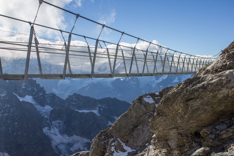 Suspension Bridge in Mountains — Blue, Dramatic