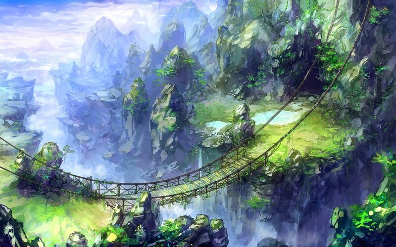 Suspension Bridge in Mountains — Green, Serene