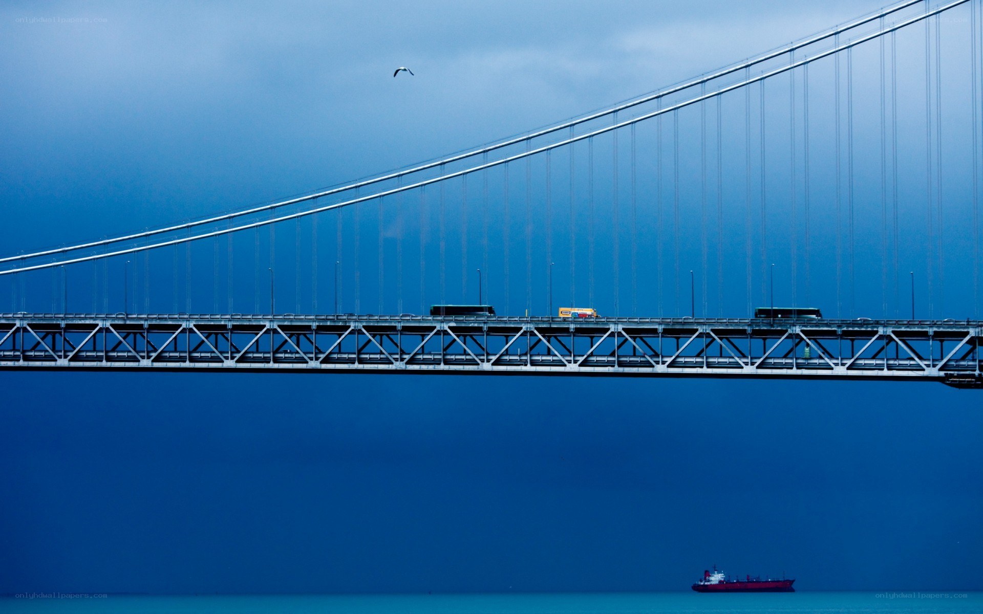 Suspension bridge over blue water