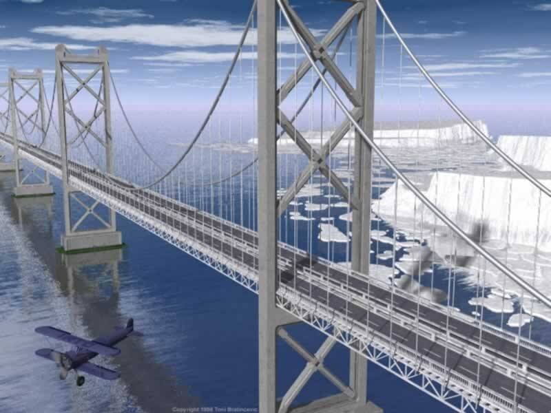 suspension bridge over icy sea