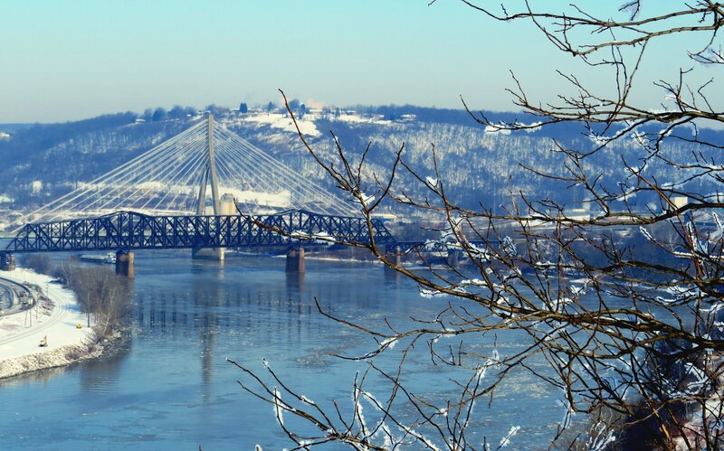 Suspension Bridge over River — Blue, Cold