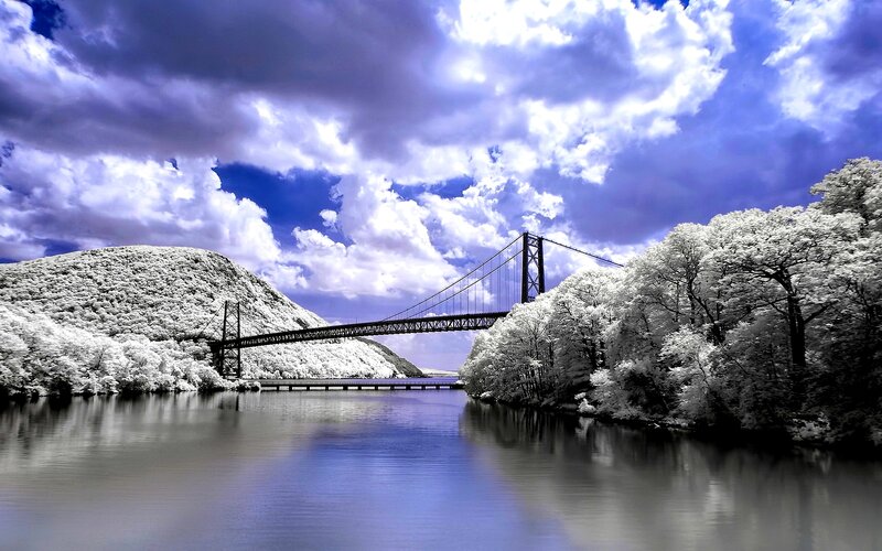 Suspension Bridge over River — Blue, Dramatic