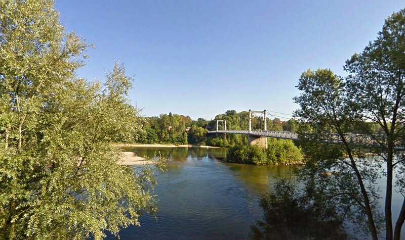 Suspension Bridge over River — Blue