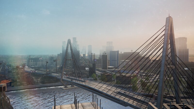 Suspension Bridge over River — Gray, Hazy, Urban