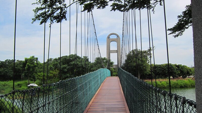 Suspension Bridge over River — Green, Serene, Afternoon, Photograph, Trees, Sky