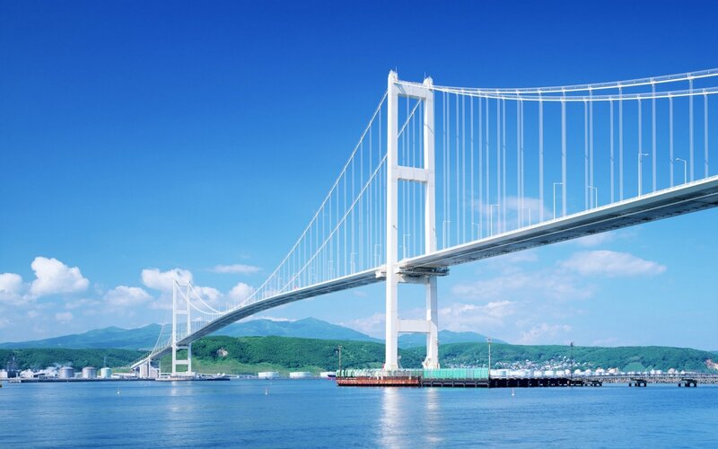 Suspension Bridge over Water — Blue, Serene, Afternoon, Photograph, Mountains