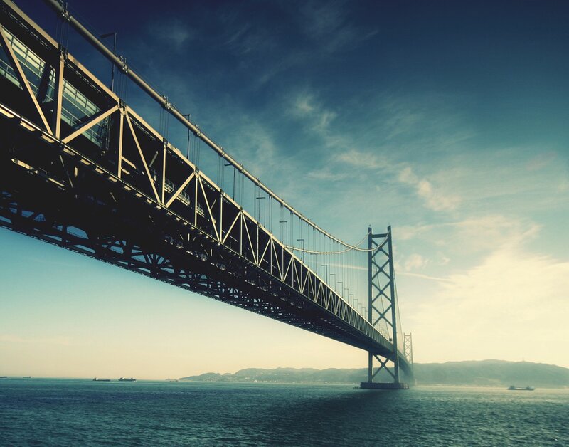 Suspension Bridge over Water — Blue, Serene, Afternoon, Photograph